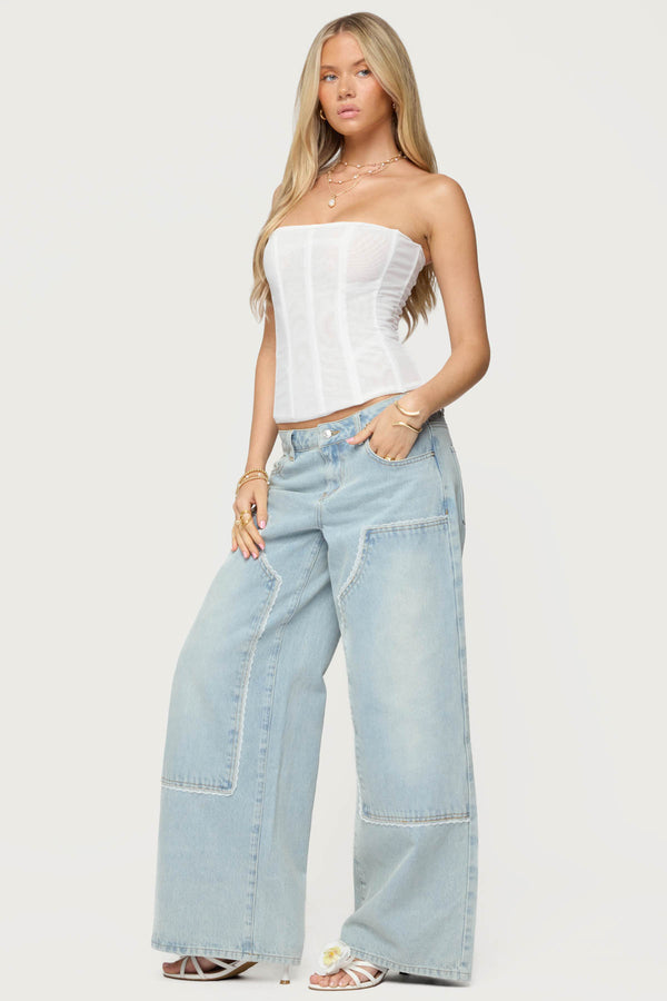 Edikted Teela Lacey Low Rise Carpenter Jeans Light Blue