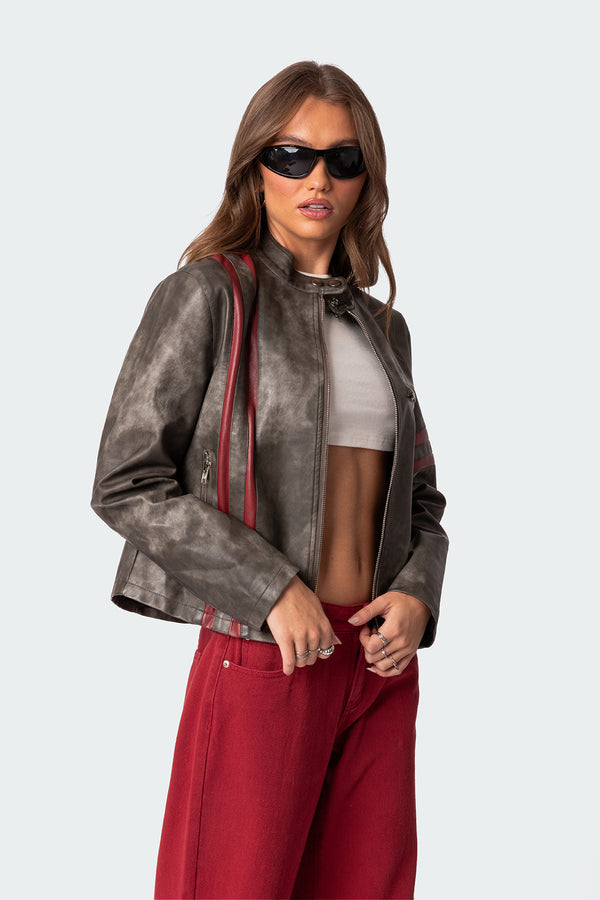 Edikted Thunder Washed Faux Leather Jacket Gray Washed