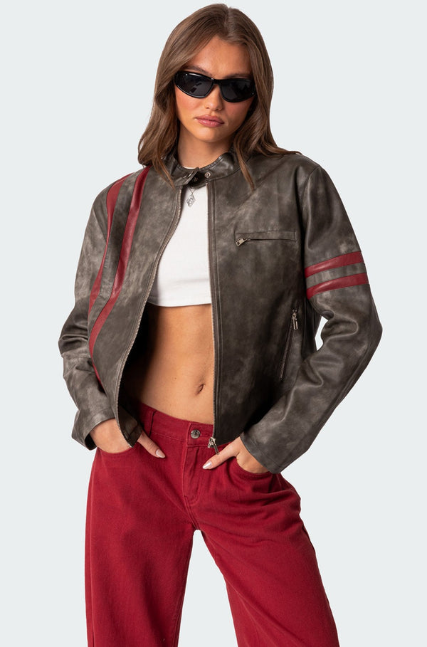 edikted Thunder Washed Faux Leather Jacket gray washed