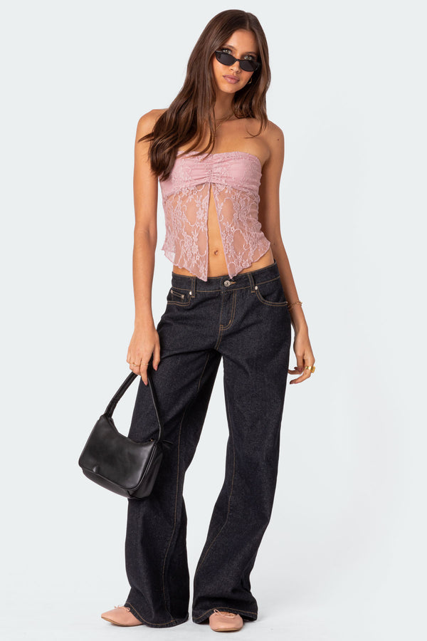 Edikted Twilight Sheer Lace Split Front Top Light Pink