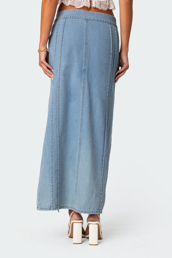 Edikted Valencia Ruffle Slitted Denim Maxi Skirt Blue