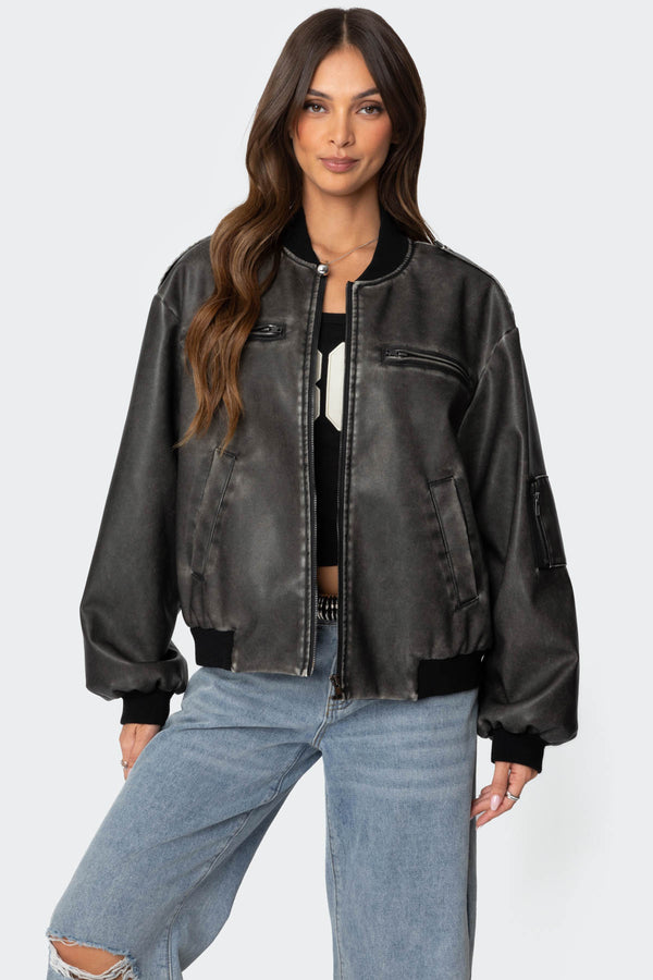 Edikted Vava Washed Faux Leather Bomber Jacket Gray Washed