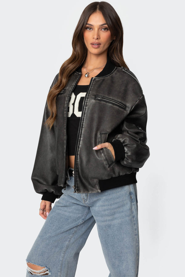 Edikted Vava Washed Faux Leather Bomber Jacket Gray Washed