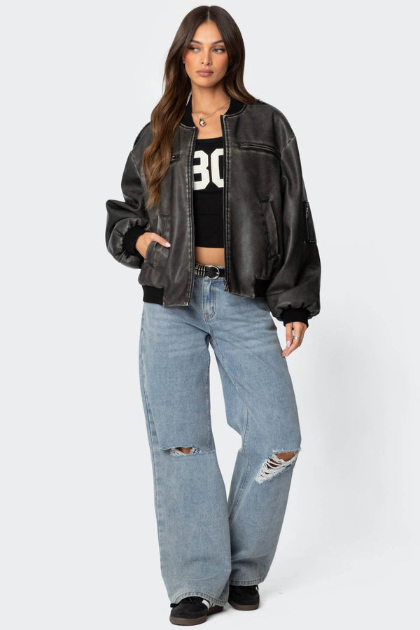 Edikted Vava Washed Faux Leather Bomber Jacket Gray Washed