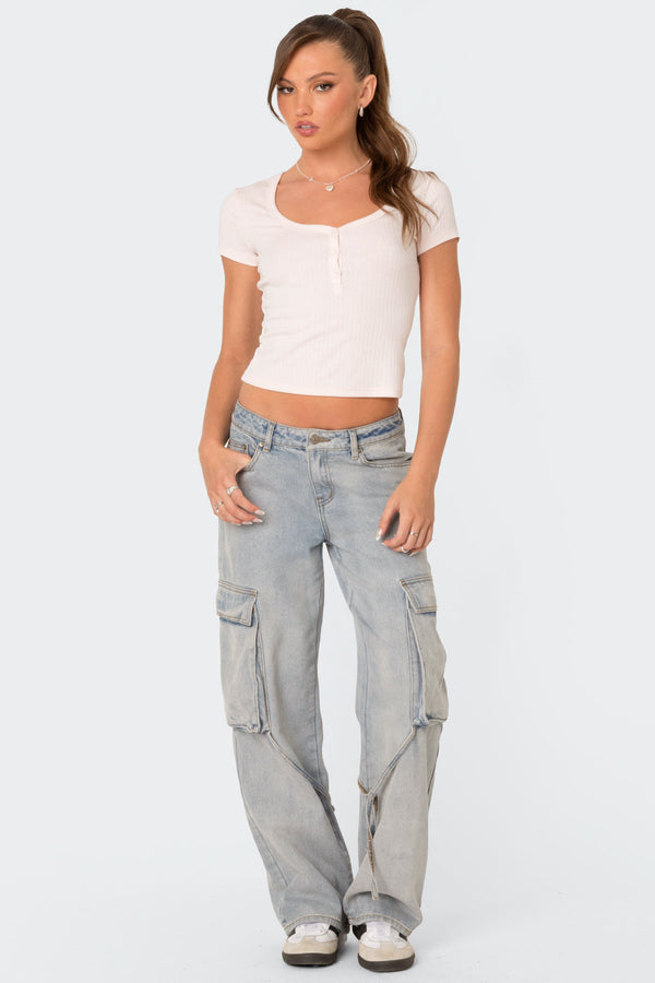 Edikted Via Low Rise Washed Denim Cargo Pants Blue Washed