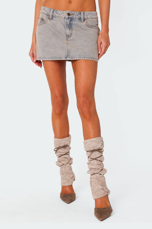 Edikted Vintage Washed Denim Mini Skirt Blue Washed