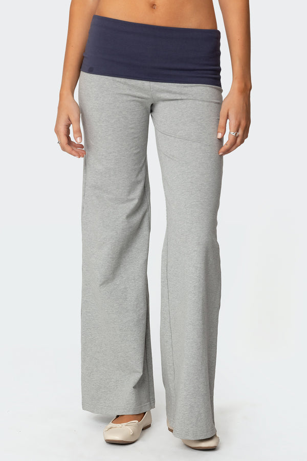 Edikted Wide Leg Contrast Fold Over Pants Gray Melange
