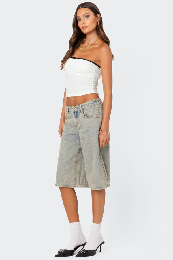 Edikted Xtra Long Acid Wash Denim Bermuda Shorts Blue