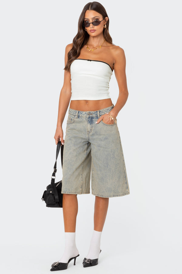 edikted Xtra Long Acid Wash Denim Bermuda Shorts blue