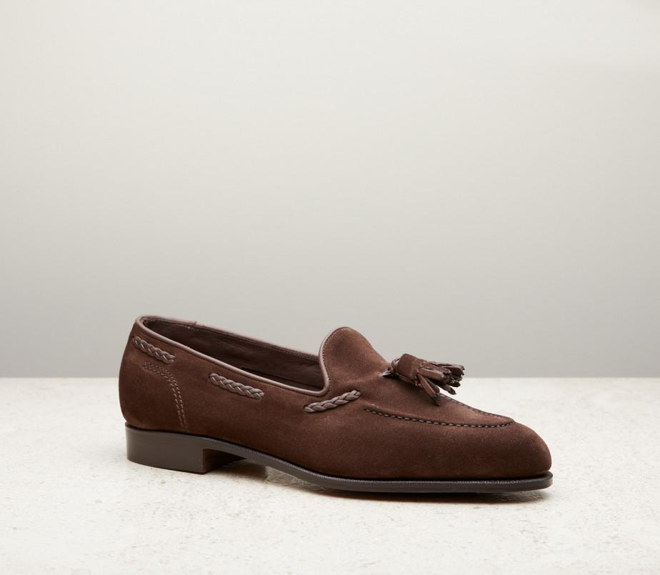 edward green Belgravia Unlined 184 Last — mink suede with slim leather soles