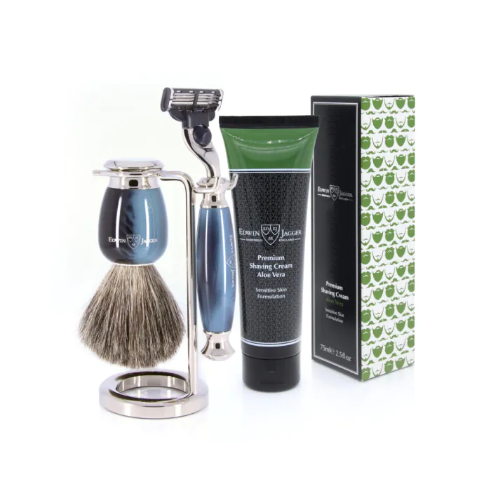 Edwin Jagger 58 Series 3pc Imitation Blue Horn & Nickel Mach3 Set (Aloe Vera)