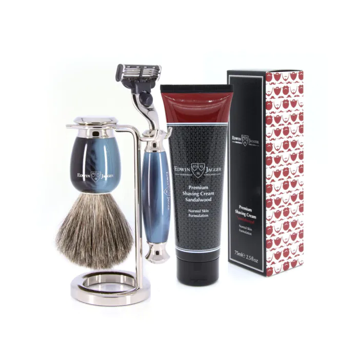 Edwin Jagger 58 Series 3pc Imitation Blue Horn & Nickel Mach3 Set (Sandalwood)