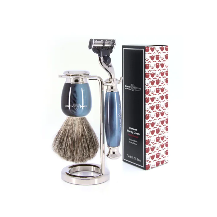 Edwin Jagger 58 Series 3pc Imitation Blue Horn & Nickel Mach3 Set (Sandalwood)