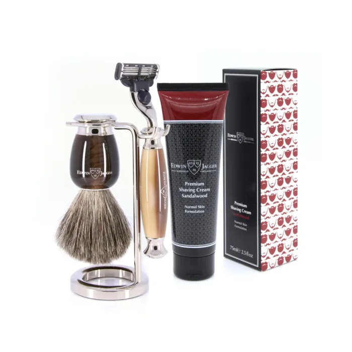 Edwin Jagger 58 Series 3pc Imitation Horn & Nickel Mach3 Set (Sandalwood)