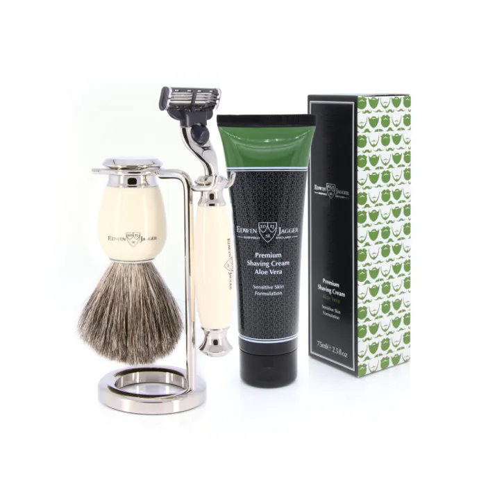Edwin Jagger 58 Series 3pc Imitation Ivory & Nickel Mach3 Set (Aloe Vera)