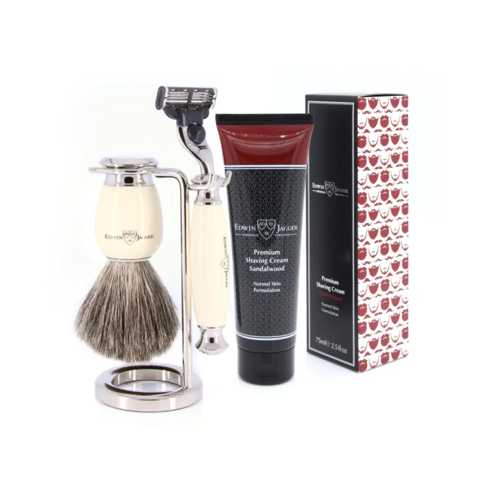Edwin Jagger 58 Series 3pc Imitation Ivory & Nickel Mach3 Set (Sandalwood)