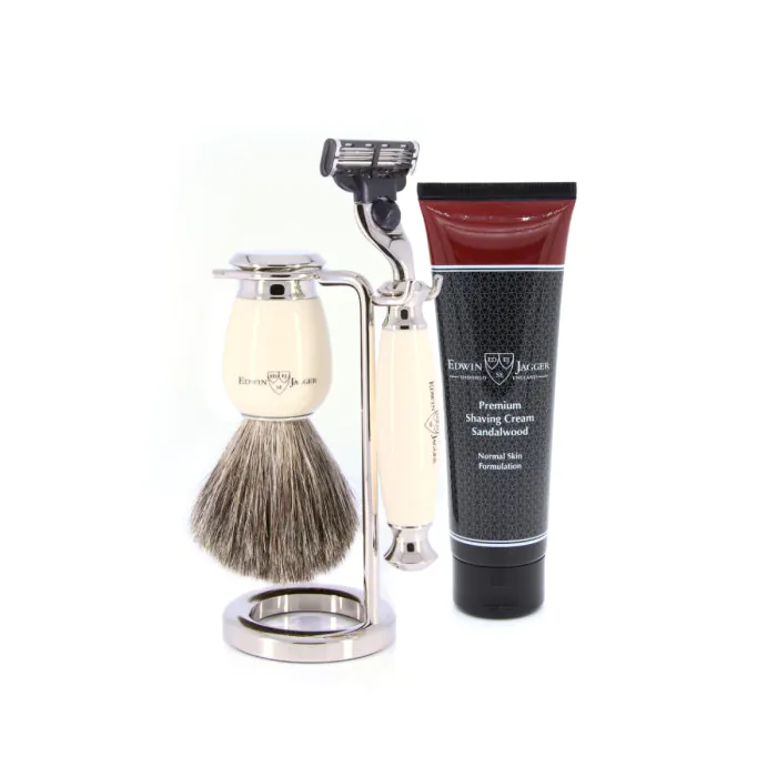 Edwin Jagger 58 Series 3pc Imitation Ivory & Nickel Mach3 Set (Sandalwood)