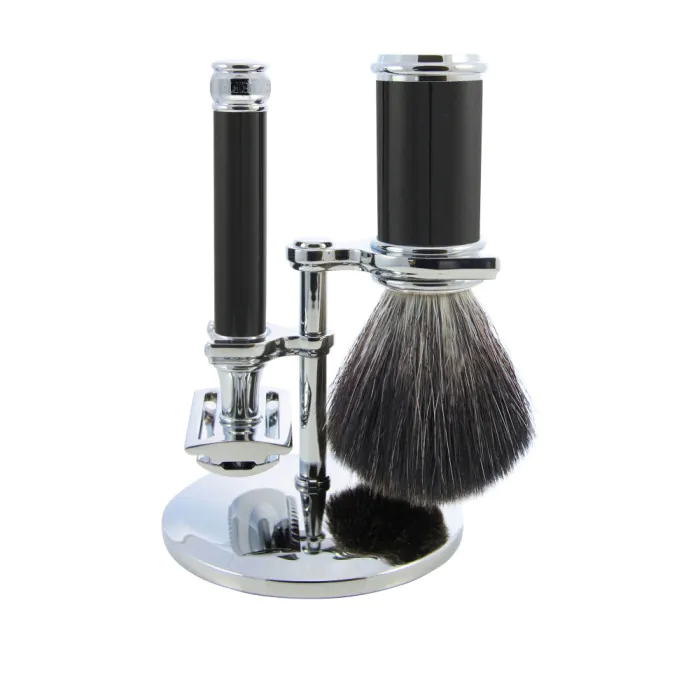 Edwin Jagger Black & Chrome 3 Piece DE Set (Black Synthetic)