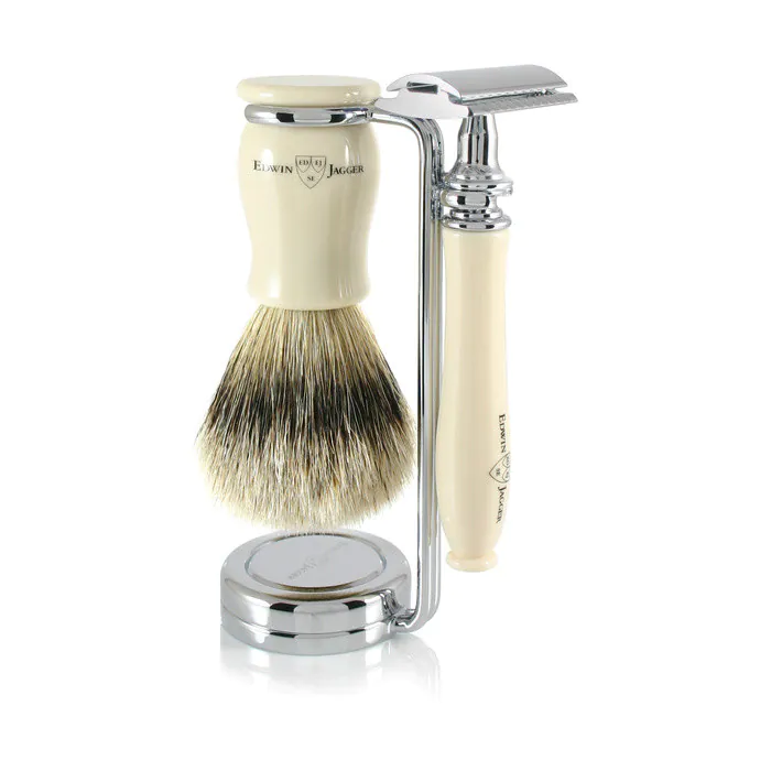 Edwin Jagger Chatsworth Double Edge Safety Razor Shaving Set – Imitation Ivory 3-Piece