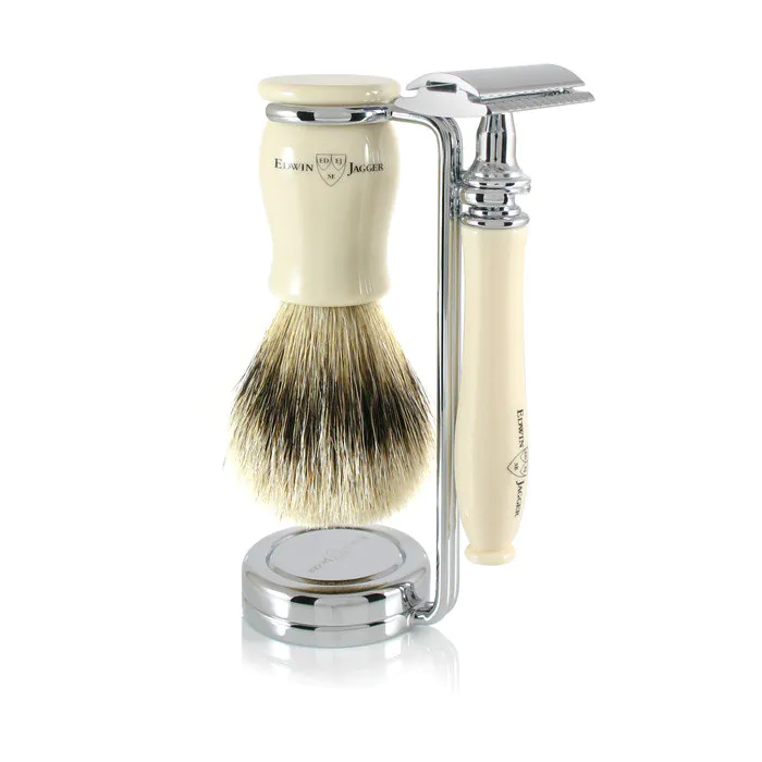 Edwin Jagger Chatsworth Double Edge Safety Razor Shaving Set – Imitation Ivory 3-Piece