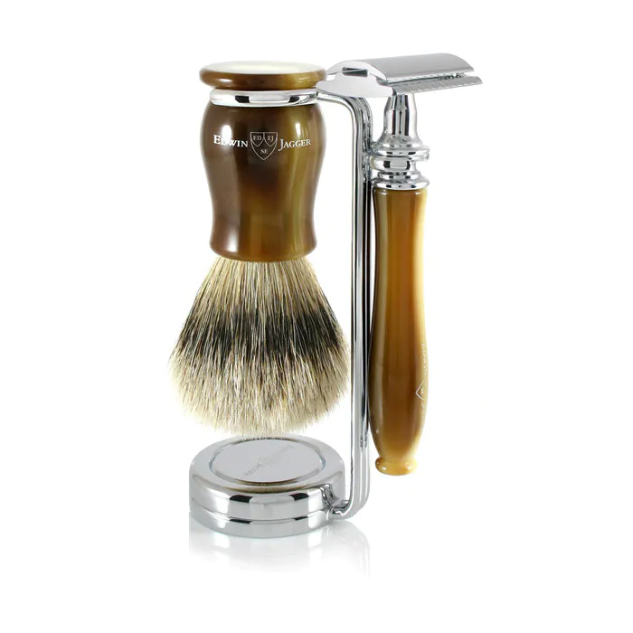 Edwin Jagger Chatsworth Double Edge Safety Razor Shaving Set – Imitation Light Horn 3-Piece