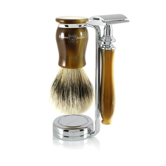 Edwin Jagger Chatsworth Double Edge Safety Razor Shaving Set – Imitation Light Horn 3-Piece