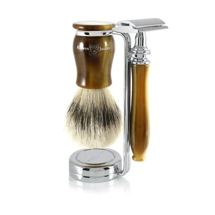 Edwin Jagger Chatsworth Double Edge Safety Razor Shaving Set – Imitation Light Horn 3-Piece