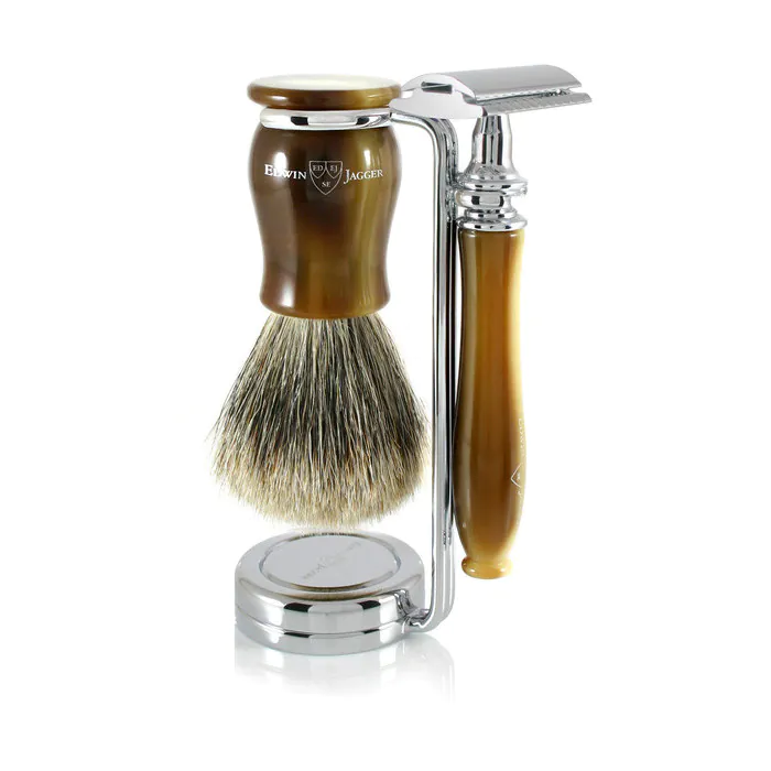 Edwin Jagger Chatsworth Double Edge Safety Razor Shaving Set – Imitation Light Horn 3-Piece