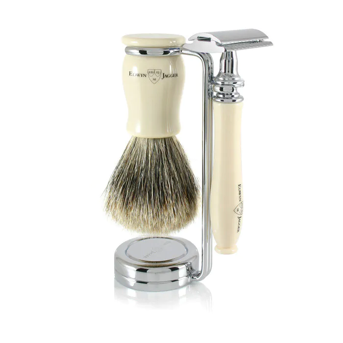 Edwin Jagger Chatsworth Double Edge Safety Razor Shaving Set – Imitation Ivory 3-Piece