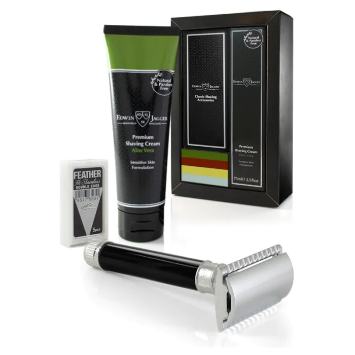 Edwin Jagger DE86 Black Razor and Cream Gift Set (Aloe Vera)