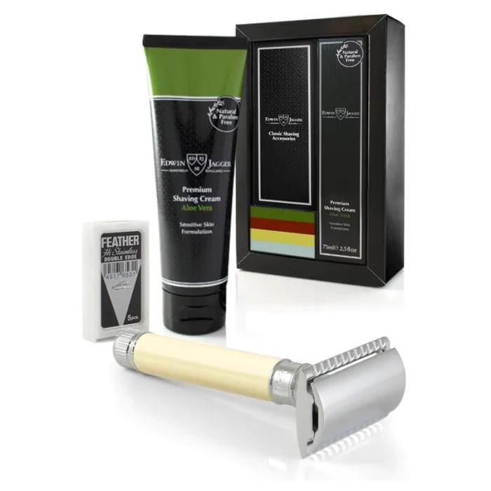 Edwin Jagger DE87 Imitation Ivory Razor And Cream Gift Set (Aloe Vera)