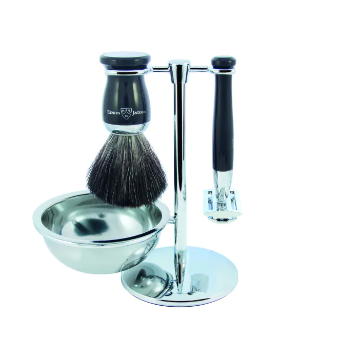 Edwin Jagger Double Edge Safety Razor Shaving Set Imitation Ebony 4pc (Black Synthetic)