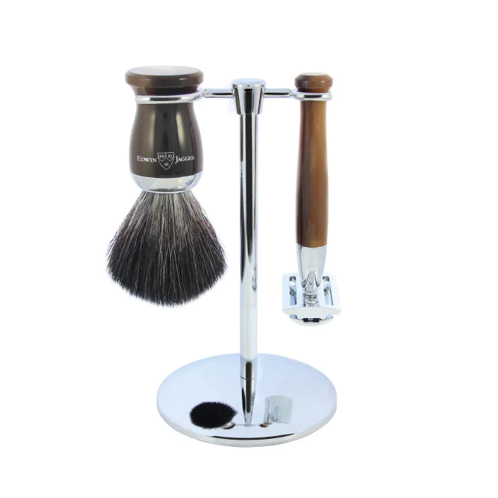 Edwin Jagger Double Edge Safety Razor Shaving Set Imitation Horn 3pc (Black Synthetic)