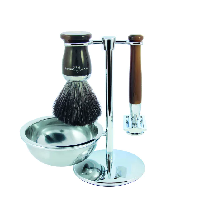 Edwin Jagger Double Edge Safety Razor Shaving Set Imitation Horn 4pc (Black Synthetic)