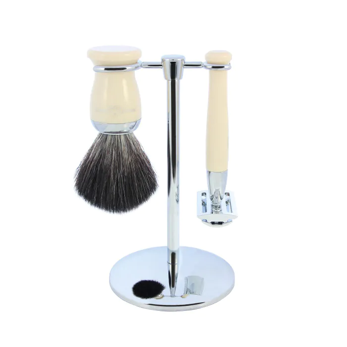 Edwin Jagger Double Edge Safety Razor Shaving Set Imitation Ivory 3pc (Black Synthetic)