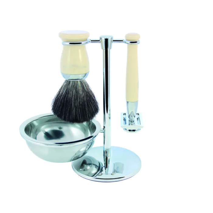 Edwin Jagger Double Edge Safety Razor Shaving Set Imitation Ivory 4pc (Black Synthetic)