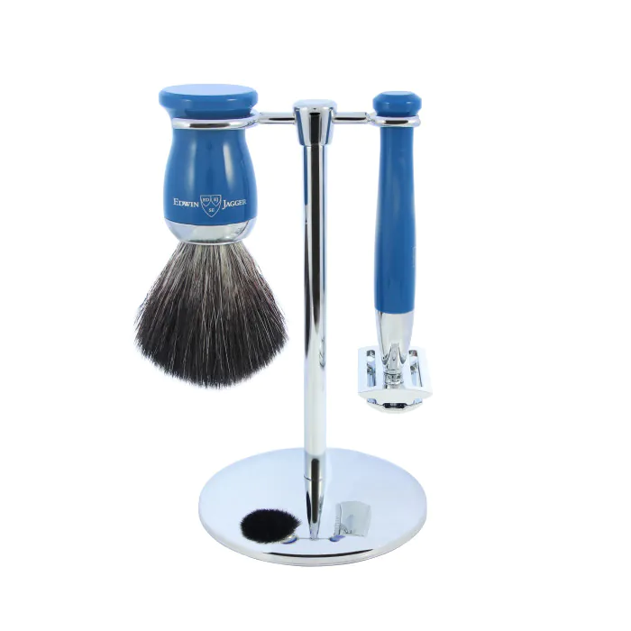 Edwin Jagger Double Edge Safety Razor Shaving Set Blue 3pc (Black Synthetic)