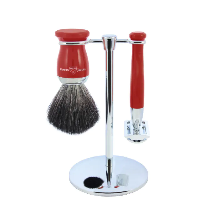Edwin Jagger Double Edge Safety Razor Shaving Set Red 3pc (Black Synthetic)
