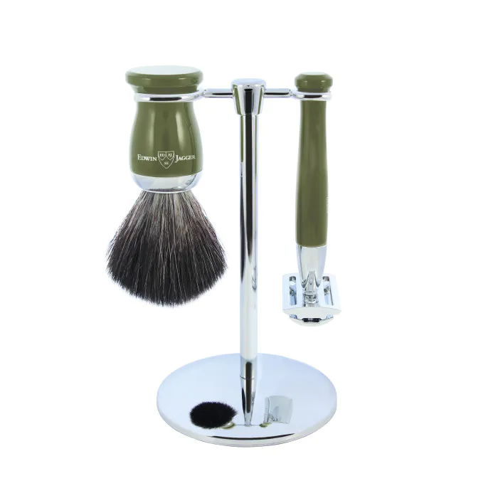 Edwin Jagger Double Edge Safety Razor Shaving Set Green 3pc (Black Synthetic)
