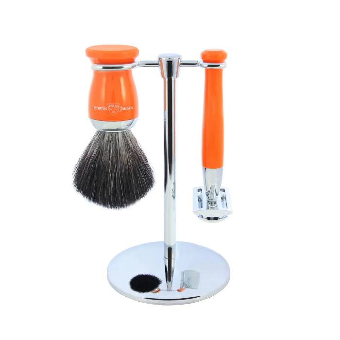 Edwin Jagger Double Edge Safety Razor Shaving Set Orange 3pc (Black Synthetic)