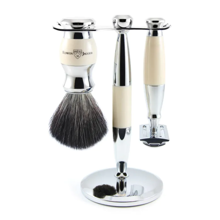 Edwin Jagger Double Edge Safety Razor Shaving Set Imitation Ivory & Chrome 3pc (Black Synthetic)