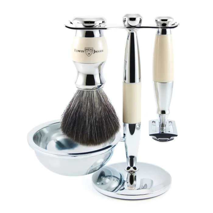 Edwin Jagger Double Edge Safety Razor Shaving Set Imitation Ivory & Chrome 4pc (Black Synthetic)