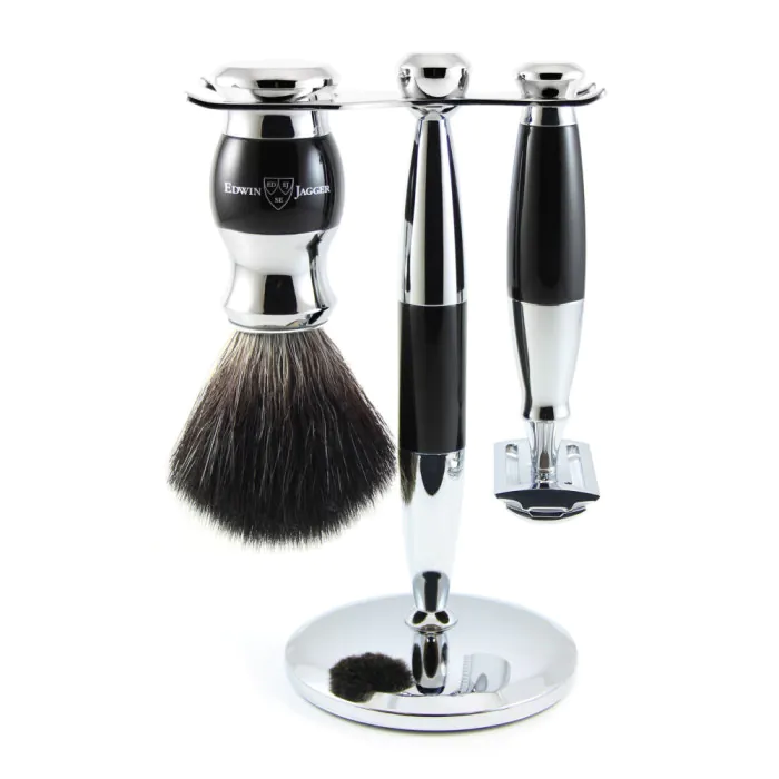 Edwin Jagger Double Edge Safety Razor Shaving Set Imitation Ebony & Chrome 3pc (Black Synthetic)