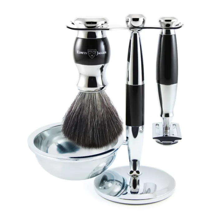 Edwin Jagger Double Edge Safety Razor Shaving Set Imitation Ebony & Chrome 4pc (Black Synthetic)