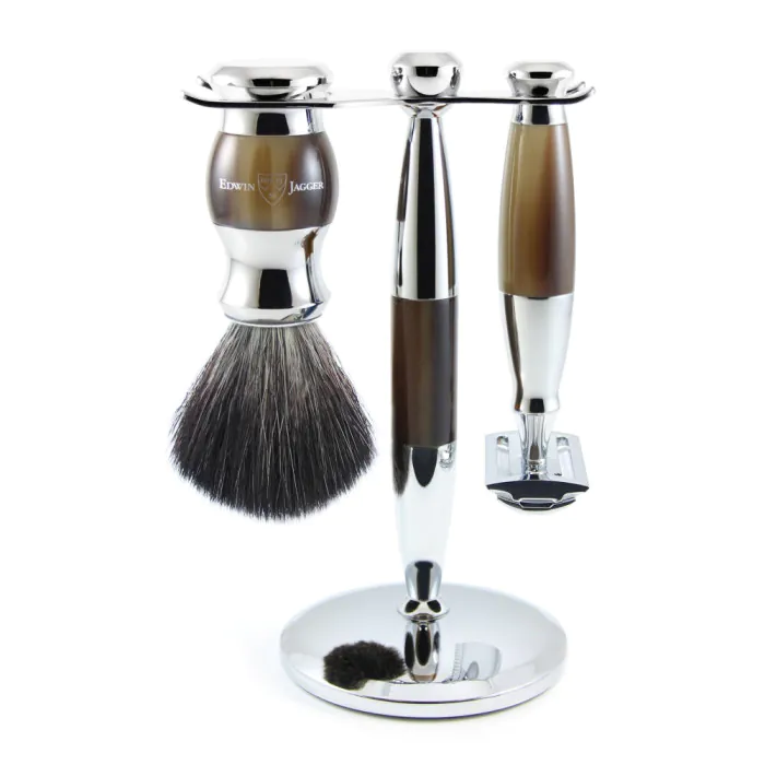 Edwin Jagger Double Edge Safety Razor Shaving Set Imitation Horn & Chrome 3pc (Black Synthetic)