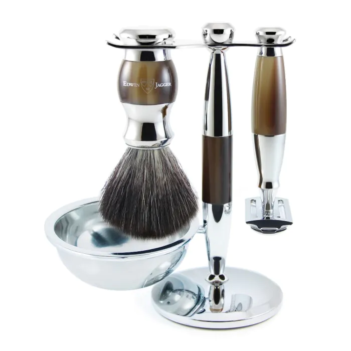 Edwin Jagger Double Edge Safety Razor Shaving Set Imitation Horn & Chrome 4pc (Black Synthetic)