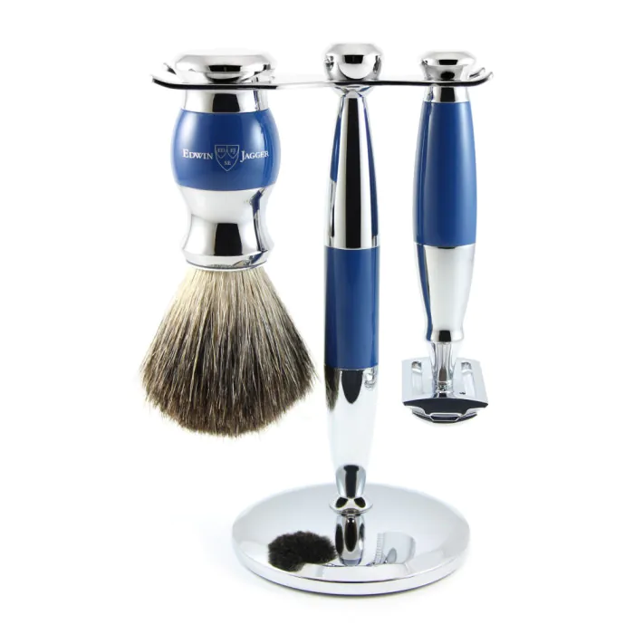 Edwin Jagger Double Edge Safety Razor Shaving Set Blue & Chrome 3pc (Black Synthetic)