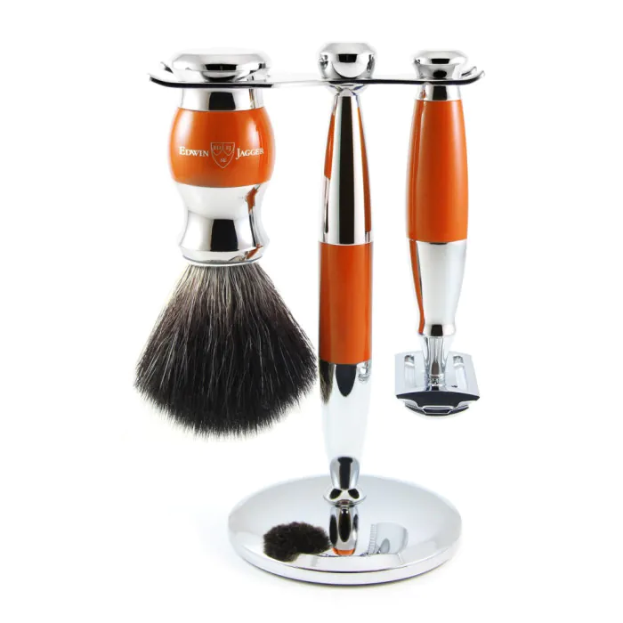 Edwin Jagger Double Edge Safety Razor Shaving Set Orange & Chrome 3pc (Black Synthetic)