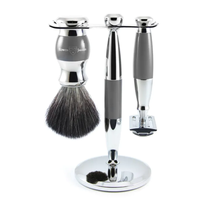 Edwin Jagger Double Edge Safety Razor Shaving Set Grey & Chrome 3pc (Black Synthetic)