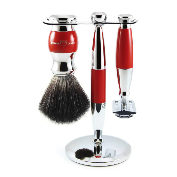 Edwin Jagger Double Edge Safety Razor Shaving Set Red & Chrome 3pc (Black Synthetic)